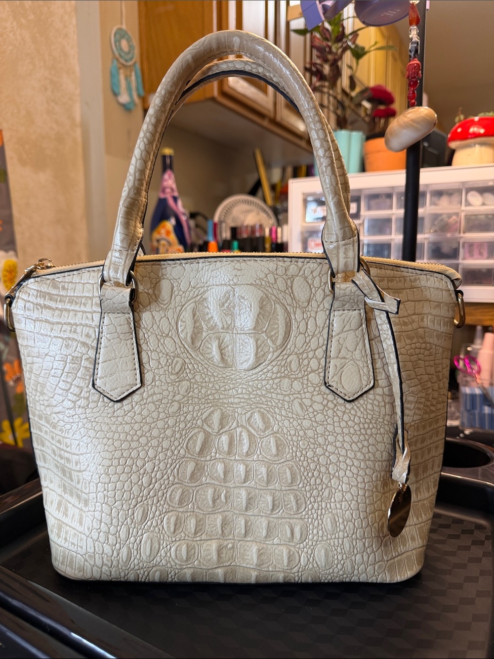 Croc-Embossed Structured Satchel Handbag in Cream